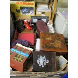 BOX CONTAINING MIXED TABLE BOXES, TRAVELLING CHESS SET, LACQUERED BOXES, BINOCULARS ETC