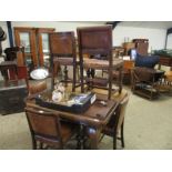 19TH CENTURY OAK EXTENDING DINING TABLE RAISED ON PAD FEET (WITH EXTRA FEET) TOGETHER WITH A SET