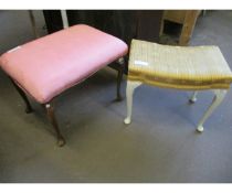 WALNUT FRAMED PUCE TOP STOOL TOGETHER WITH A FURTHER WHITE PAINTED BASE STOOL (2)