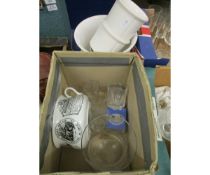 TWO BOXES OF CHAMBER POT, GLASS WARES, WHITE GLAZED PLANTER ETC