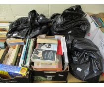 FIVE BOXES OF BOOKS, BAGS OF BOOKS ETC