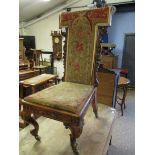 GOOD QUALITY WALNUT CARVED PRIE-DIEU CHAIR ON CABRIOLE LEGS WITH TAPESTRY SEAT AND BACK