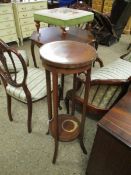 EDWARDIAN MAHOGANY AND SATINWOOD INLAID CIRCULAR TWO-TIER PLANT STAND