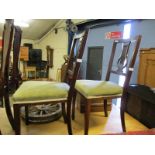 PAIR OF EDWARDIAN MAHOGANY FRAMED SPLAT BACK DINING CHAIRS WITH GREEN DRALON UPHOLSTERED SEAT AND