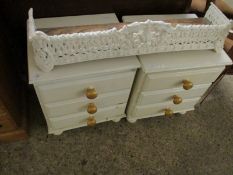 PAIR OF WHITE PAINTED PINE FRAMED THREE-DRAWER BEDSIDE CHESTS WITH GILDED KNOB HANDLES