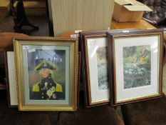 WATERCOLOUR OF A SHIPPING SCENE, A FURTHER PICTURE OF NELSON AND TWO PHOTOGRAPHS OF ROBINS