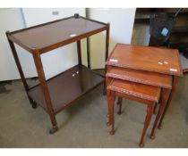 TEAK NEST OF THREE TABLES AND A FURTHER OAK TWO-TIER TEA TROLLEY