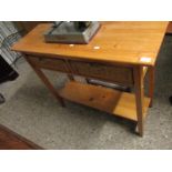PINE FRAMED SIDE TABLE WITH TWO WICKER DRAWERS AND OPEN SHELF
