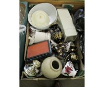 BOX CONTAINING VASES, ROSE DECORATED COLCLOUGH TEA WARES ETC