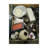 BOX CONTAINING VASES, ROSE DECORATED COLCLOUGH TEA WARES ETC