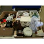 THREE BOXES CONTAINING DOLLS, TABLE FAN, STORAGE JARS, IMARI VASE ETC (3)