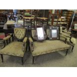 EDWARDIAN MAHOGANY AND INLAID PART SALON SUITE COMPRISING A FLORAL UPHOLSTERED TWO-SEATER SOFA AND