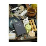 TWO BOXES OF GLASS WARES, STORAGE CONTAINERS, SALT & PEPPER ETC