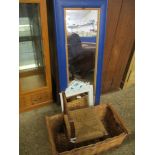 BLUE PAINTED RECTANGULAR FRAMED MIRROR AND A WHITE RIBBON TOP MIRROR, A WICKER BASKET AND A RATTAN