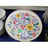 GROUP OF POOLE POTTERY WARES, THREE CHARGERS ALL WITH FLORAL DESIGNS WITHIN PINK BORDERS,