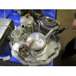 CAST ALUMINIUM NEW MADE FOUR-PIECE TEA SET, FURTHER HEXAGONAL TYPE TRAY AND A SILVER PLATED HALF