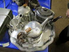 CAST ALUMINIUM NEW MADE FOUR-PIECE TEA SET, FURTHER HEXAGONAL TYPE TRAY AND A SILVER PLATED HALF