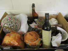 TRAY CONTAINING COTTAGE WARE BISCUIT BARREL, GLASS WARES, JELLY MOULDS ETC