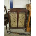 EARLY 20TH CENTURY MAHOGANY FRAMED TWO GLAZED DOOR DISPLAY CASE RAISED ON CLAW AND BALL FEET