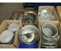 SIX BOXES OF ALUMINIUM PANS, WICKER CUTLERY BASKET, JELLY MOULD ETC (6)
