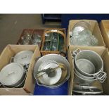 SIX BOXES OF ALUMINIUM PANS, WICKER CUTLERY BASKET, JELLY MOULD ETC (6)