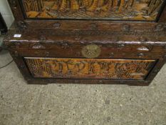 LARGE CAMPHOR WOOD CARVED ORIENTAL TRUNK WITH SHIPPING PANEL FRONT