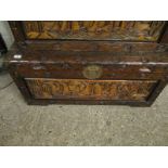 LARGE CAMPHOR WOOD CARVED ORIENTAL TRUNK WITH SHIPPING PANEL FRONT