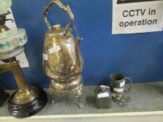 VICTORIAN SILVER PLATED ETCHED KETTLE AND STAND AND A PEWTER TOBACCO BOX, A PAIR OF SILVER PLATED