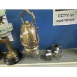 VICTORIAN SILVER PLATED ETCHED KETTLE AND STAND AND A PEWTER TOBACCO BOX, A PAIR OF SILVER PLATED