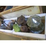 THREE BOXES OF MODERN ANDIRONS, FLAT IRONS, TERRARIUM, LIGHT FITTINGS ETC