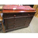 19TH CENTURY MAHOGANY TWO OVER THREE FULL WIDTH DRAWER CHEST ON FLUTED ENDS AND TURNED KNOB HANDLES