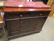 19TH CENTURY MAHOGANY TWO OVER THREE FULL WIDTH DRAWER CHEST ON FLUTED ENDS AND TURNED KNOB HANDLES
