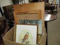 BOX CONTAINING MIXED WATERCOLOURS, PRINTS ETC