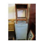 BLUE PAINTED CABINET WITH SINGLE DRAWER OVER CUPBOARD DOOR AND A FURTHER OAK FRAMED OPEN SHELF