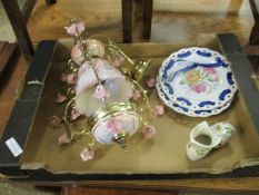 BOXED LIGHT FITTING, TWO RIBBON EDGED PLATES AND AN OLD FOLEY STRAWBERRY BOOT