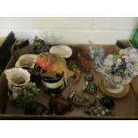 TRAY CONTAINING CHARACTER JUGS, TORTOISE ORNAMENTS ETC