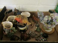 TRAY CONTAINING CHARACTER JUGS, TORTOISE ORNAMENTS ETC