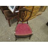 EDWARDIAN MAHOGANY AND SATINWOOD INLAID SHIELD BACK BEDROOM CHAIR WITH RED UPHOLSTERED SEAT