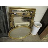 GILT FRAMED OVAL WALL MIRROR, A FURTHER CREAM RECTANGULAR WALL MIRROR, A FLORAL DECORATED WALL