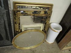 GILT FRAMED OVAL WALL MIRROR, A FURTHER CREAM RECTANGULAR WALL MIRROR, A FLORAL DECORATED WALL