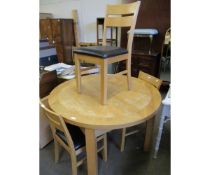 GOOD QUALITY OAK CIRCULAR EXTENDING DINING TABLE WITH FOUR OAK FRAMED BAR BACK DINING CHAIRS (5)