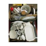 TWO BOXES CONTAINING KITCHEN WARES, CHINA ETC
