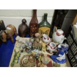 MIXED LOT OF CARVED FIGURES, CAT ORNAMENTS, BOTTLES ETC