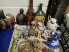 MIXED LOT OF CARVED FIGURES, CAT ORNAMENTS, BOTTLES ETC