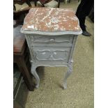 GREY FRENCH PAINTED MARBLE TOP SIDE CABINET WITH SINGLE DRAWER AND CUPBOARD DOOR ON CABRIOLE LEGS