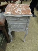 GREY FRENCH PAINTED MARBLE TOP SIDE CABINET WITH SINGLE DRAWER AND CUPBOARD DOOR ON CABRIOLE LEGS