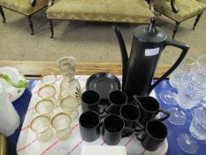 RETRO BLACK DESIGNED COFFEE SET AND A FURTHER GLASS AND GILDED DECANTER WITH SIX MATCHING GLASSES
