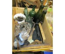 BOX OF VARIOUS VINTAGE BOTTLES, GLASS WARES ETC