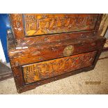 LARGE CAMPHOR WOOD CARVED ORIENTAL TRUNK WITH SHIPPING PANEL FRONT
