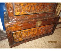 LARGE CAMPHOR WOOD CARVED ORIENTAL TRUNK WITH SHIPPING PANEL FRONT